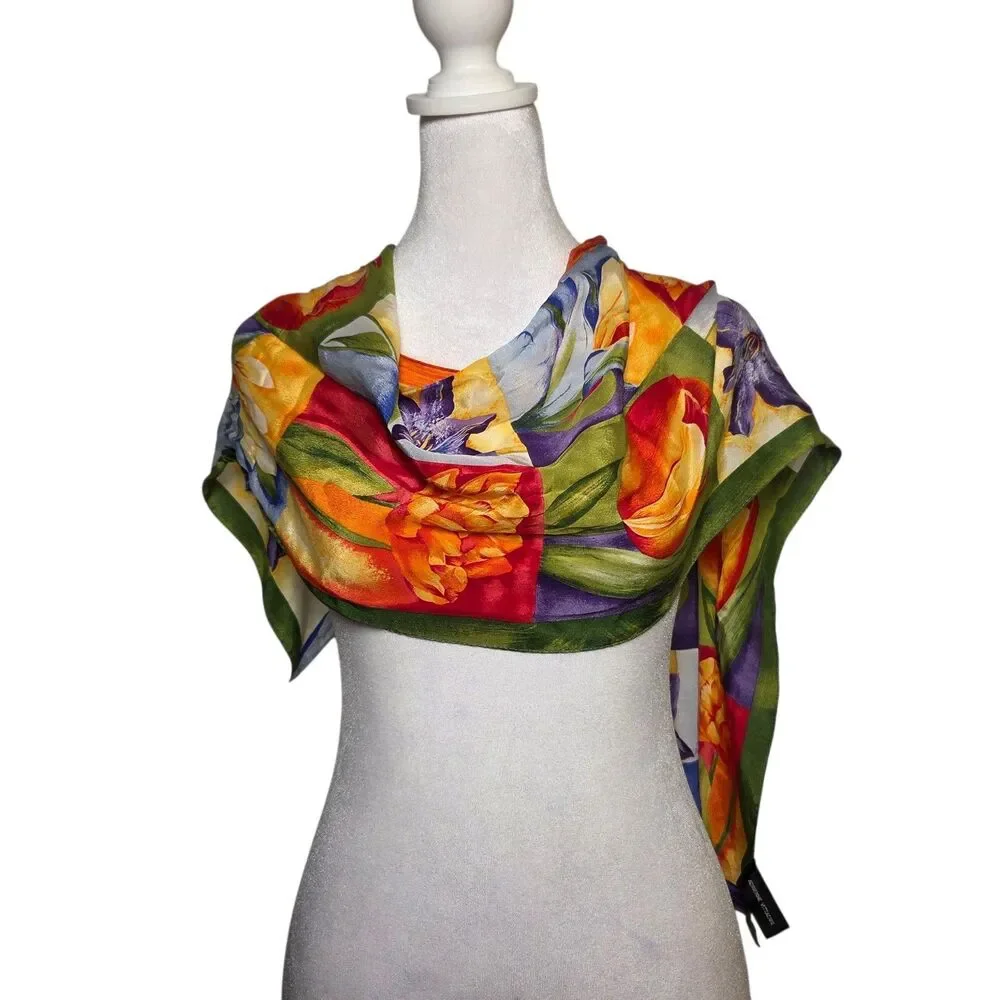 Vtg Adrienne Vittadini Silk Scarf Tulip Floral Botanical 90s Whimsical Granny